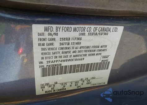 1998 Ford Crown Victoria Lx из США, поврежденный, VIN 2FAFP74W8WX184469